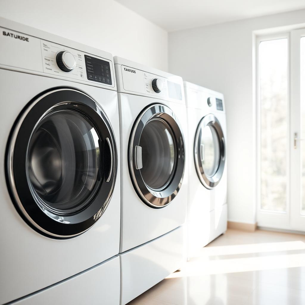 Modern white washing machines in clean laundry room