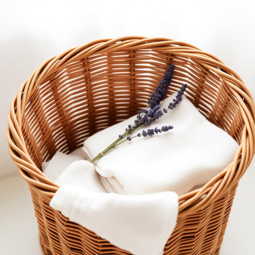 Wicker basket with folded towels and lavender